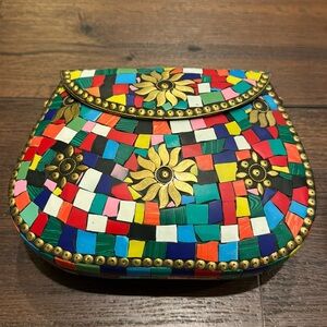 Ramla Mosaic Handmade Mosaic Moroccan multicolor Handbag with gold color chain.